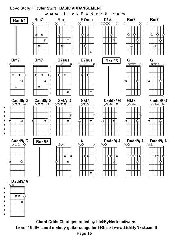 Chord Grids Chart of chord melody fingerstyle guitar song-Love Story - Taylor Swift - BASIC ARRANGEMENT,generated by LickByNeck software.